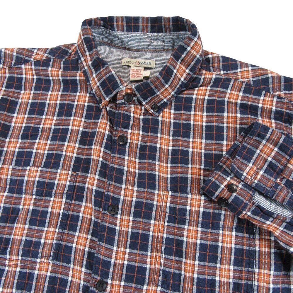 Carbon 2 Cobalt Mens Button Down Shirt L Navy Blue Plaid Lined 100% Cotton